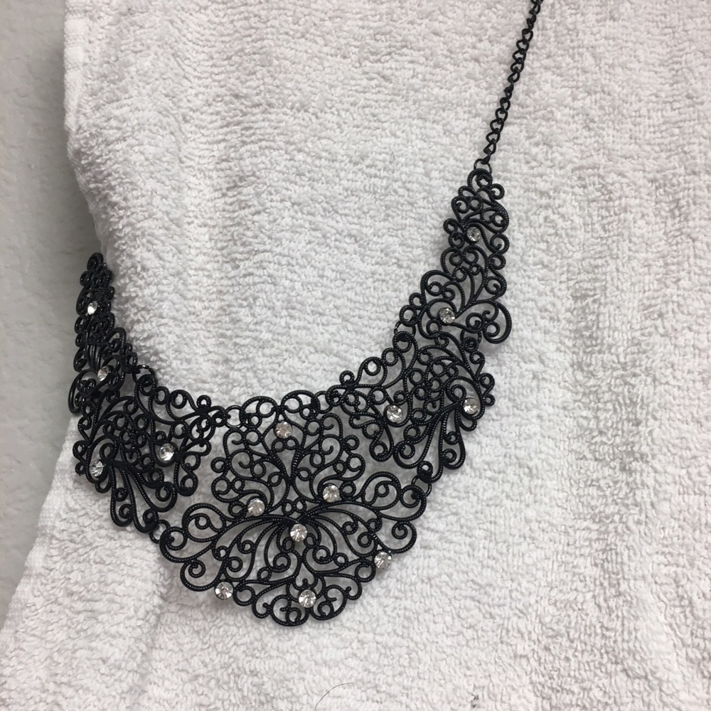 Black floral statement necklace with diamonds